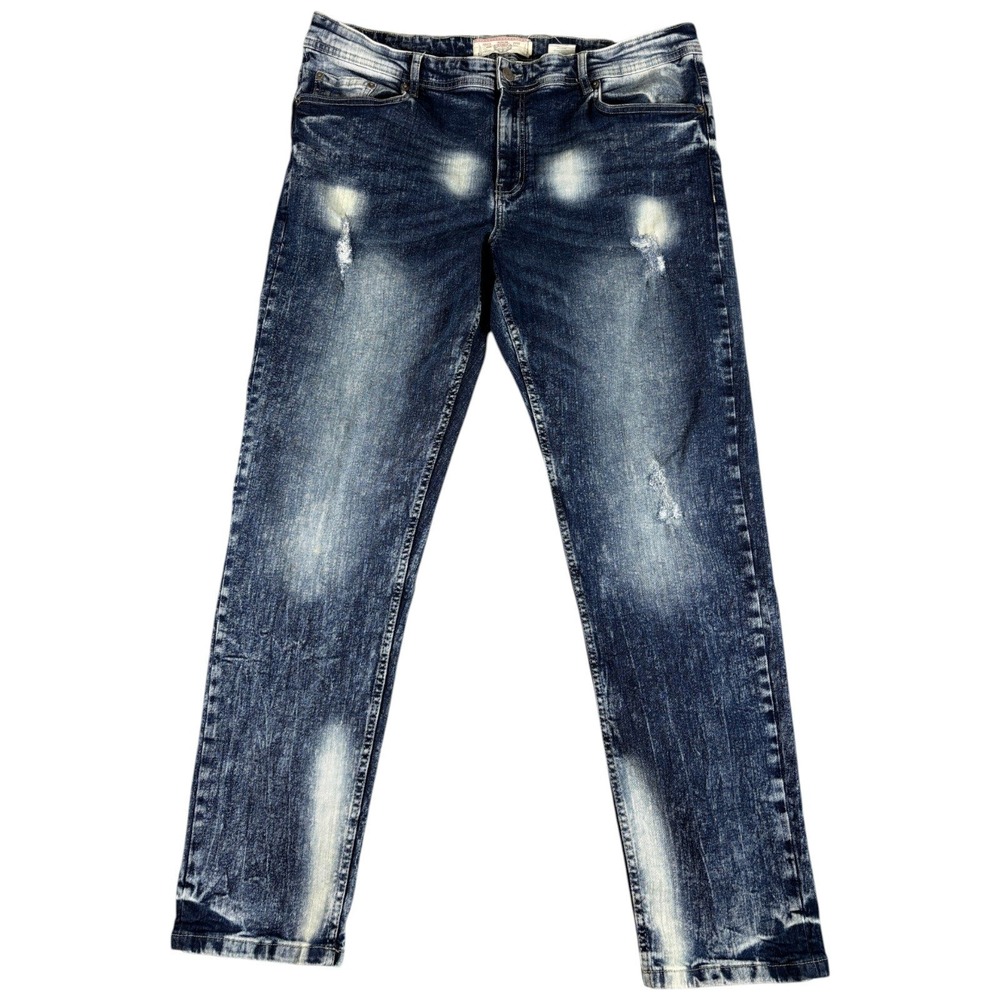 Akademiks Jeanius Jeans Mens 38x32 Blue Distressed Straight Leg Workwear Denim